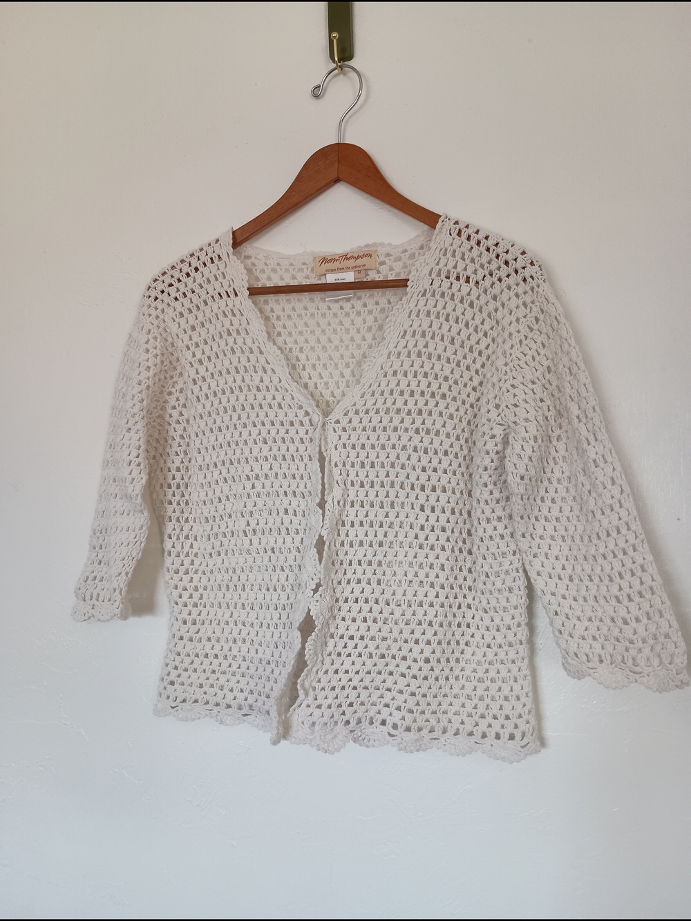 Norm Thompson Linen Cotton White Crocheted V-Neck Cardigan